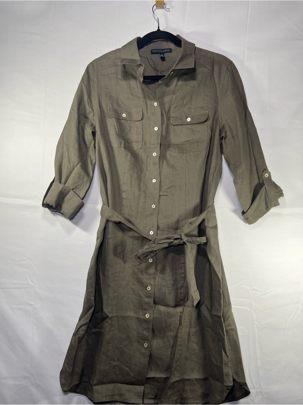 Saks Fifth Avenue 100% Linen Olive Green Button Front Belted Shirt Dress M